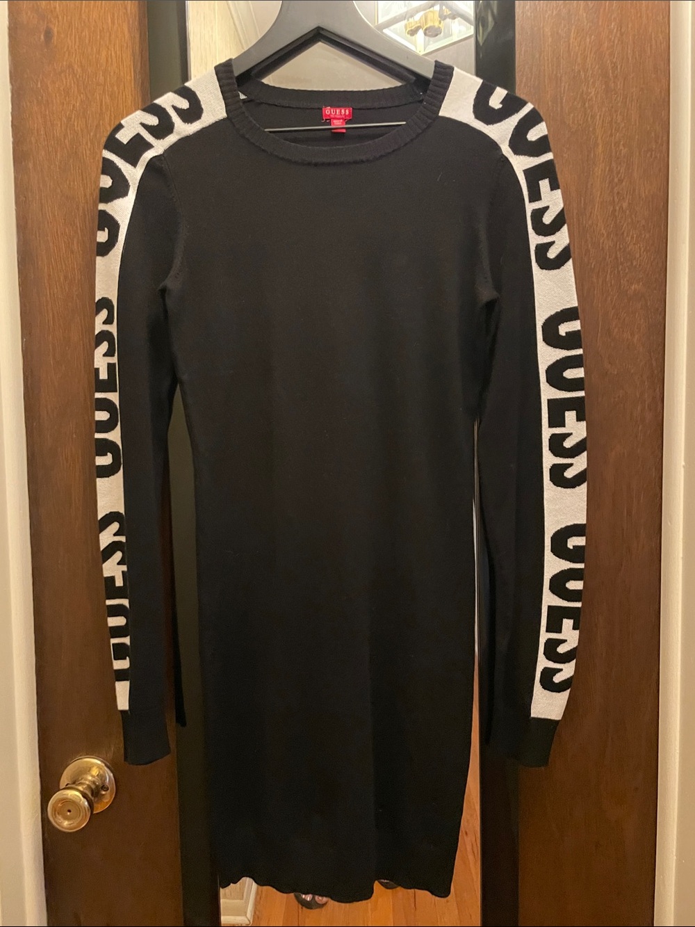 GUESS Size S Black/White Sweater Dress w/Logo-Trim Sleeves